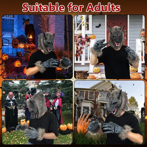 Vista 5 de Manos de hombre lobo de Halloween, garras de hombre lobo G-loves, látex lobo G-ama manos peludas aterradoras para fiesta de hombre lobo, accesorios