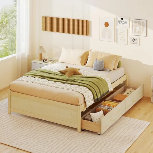 Vista 10 de KOMFOTT Base de cama de plataforma de madera de tamaño individual con 2 cajones de almacenamiento, plataforma de madera con soporte de tablillas