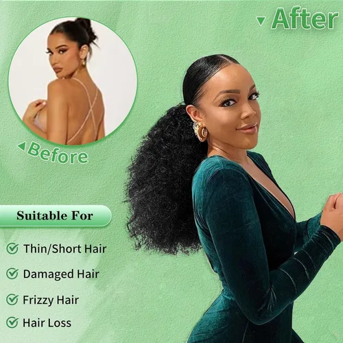 Vista 6 de Youthfee Cola de caballo con cordón para mujer, cola de caballo rizada profunda, sintética mezclada con cabello humano, negro natural, afro, rizado
