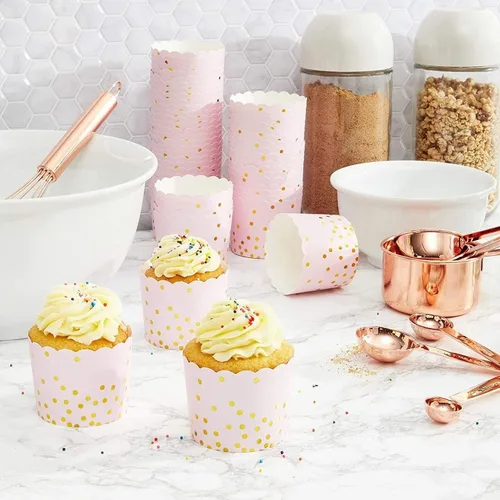 Vista 3 de Sparkle and Bash Tulip Cupcake Liners - Tazas para hornear rosas y doradas, tazas de aperitivos para baby shower, envoltorios de cupcakes