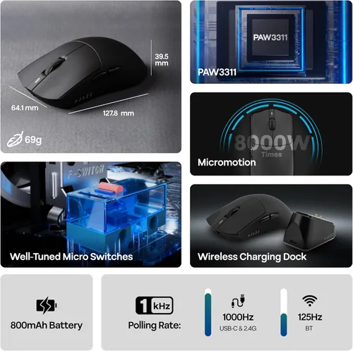 Vista 3 de MechLands AJAZZ AJ139P V3 MC Mouse inalámbrico con base de carga, 3 modos de mouse para juegos con batería de 800 mAh, 24,000 DPI ajustable, sensor