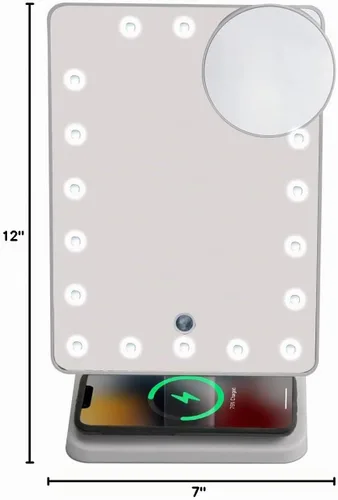 Vista 2 de Wireless Express Glam Studio Espejo de tocador con altavoz Bluetooth y soporte para teléfono, blanco, iluminación LED, llamadas manos libres, carga