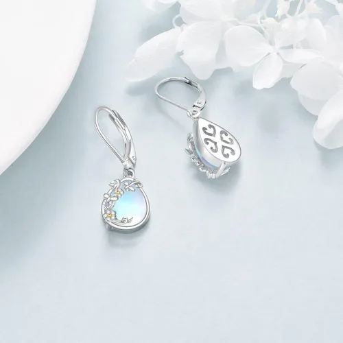 Vista 278 de Aretes colgantes con forma de lágrima de filigrana de piedra lunar de plata de ley 925 con cierre de palanca para mujer, regalos de joyería