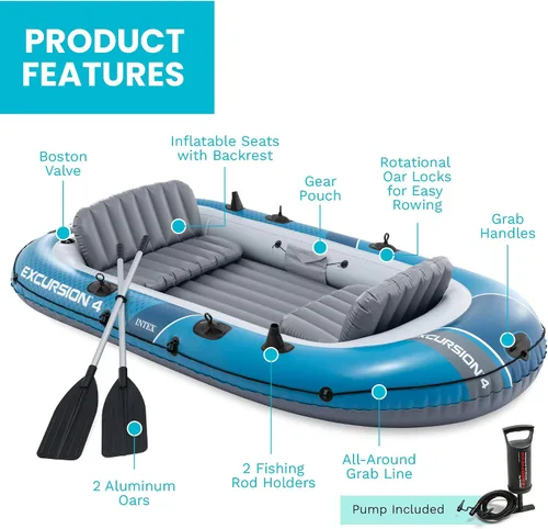 Vista 5 de INTEX Excursión 4-persona inflable barco de pesca río balsa conjunto con Azul
