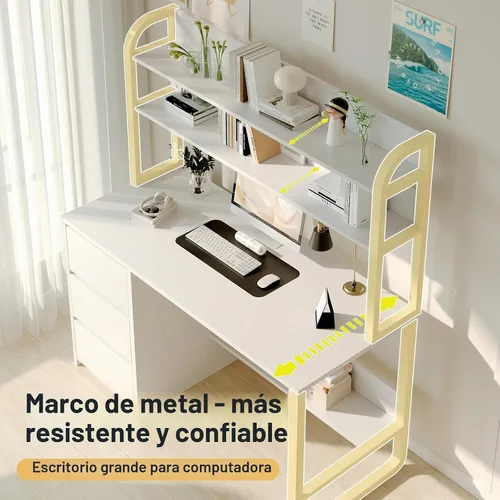 Vista 4 de MaverickFurni Escritorio para computadora de 60 pulgadas con estantes y hutch, escritorio de oficina en casa con 3 cajones de almacenamiento