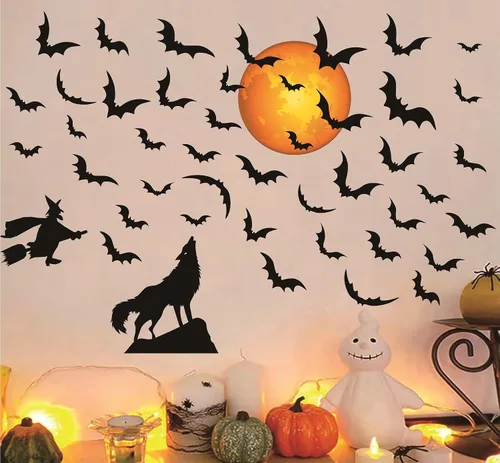 Vista 5 de Calcomanías de pared de luna de Halloween, calcomanías de murciélago de bruja, calcomanías de pared de lobo removibles para despegar y pegar