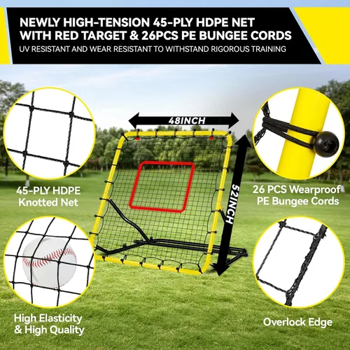 Vista 5 de Rebotador de béisbol de 48 x 52 pulgadas, anti-UV, 3 ángulos ajustables, voleibol, softbol, fútbol, rugby, béisbol, rebote, red estable, fácil