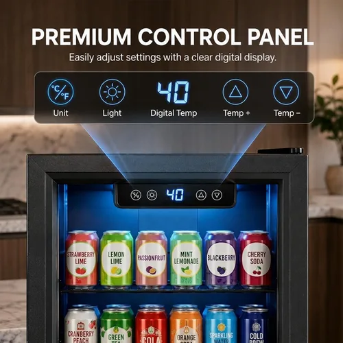 Vista 5 de Refrigerador de bebidas, mini refrigerador de 1.8 pies cúbicos con puerta de vidrio y control electrónico de temperatura para cerveza, vino