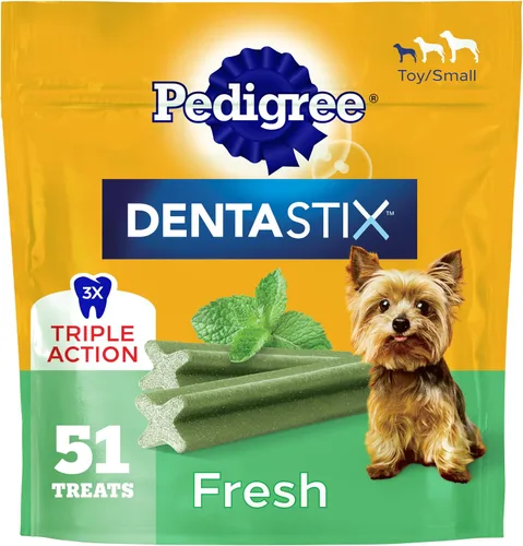 Vista 34 de Pedigree Dentastix Golosinas dentales para perros pequeños de doble sabor, tocino y pollo, bolsa de 5.08 onzas (24 golosinas)