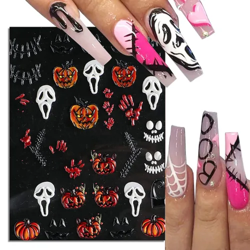 Vista 3 de Calcomanías de uñas 5D para Halloween, cabeza de calabaza, suministros de arte de uñas para decoración de uñas (Halloween A)