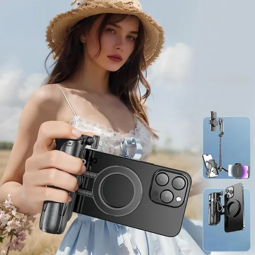 Vista 9 de Trípode magnético para teléfono, palo selfie portátil 4 en 1, trípode extensible plegable de tamaño de bolsillo para iPhone, palo selfie con control