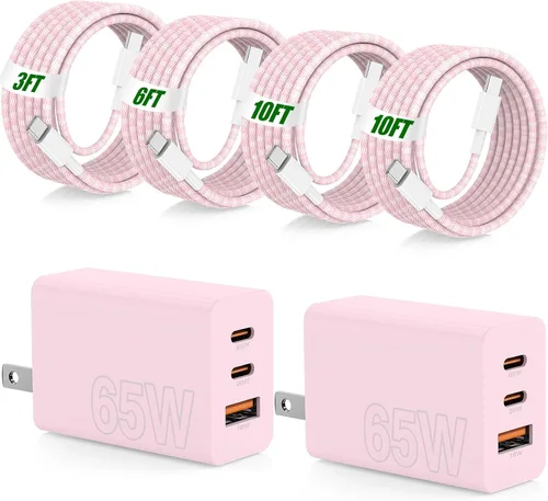Vista 14 de USB C de carga súper rápida de 65 W para iPhone 17 16 Pro Max, bloque de carga USB C de 3 puertos de 100 W y cable trenzado tipo C de 3/6/6/10 pies