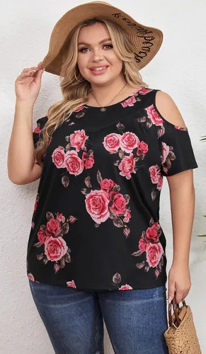 Vista 7 de Yiwixi Camisetas casuales de verano para mujer, con hombros descubiertos, manga corta, cuello redondo, ajuste holgado, tallas grandes, plisadas