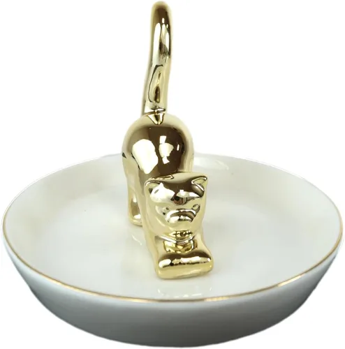 Vista 4 de Ebros - Figura de cerámica chapada en oro para anillo y joyero de porcelana de hueso y soporte para joyería, 4.5 pulgadas de alto, felino curiosidad