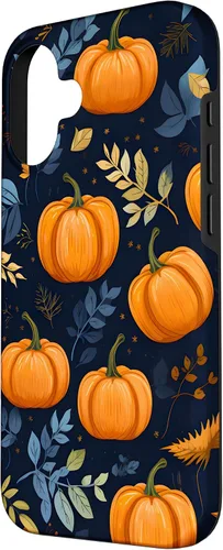 Vista 2 de iPhone 16 Calabazas y Hojas de Otoño Patrón Fondo Oscuro Caso