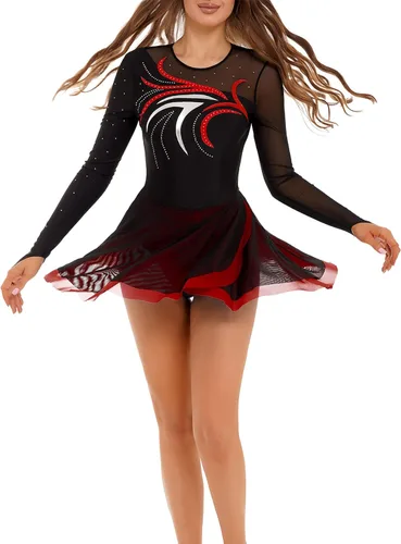 Vista 2 de Vestidos líricos de patinaje artístico para mujer, leotardos de baile de diamantes de imitación, uniformes de baile de ballet mayorette