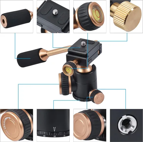 Vista 2 de Cabezal de trípode, cabezal de bola universal de inclinación flexible con placa de liberación rápida, tornillo de 1/4 para cámara DSLR, videocámara