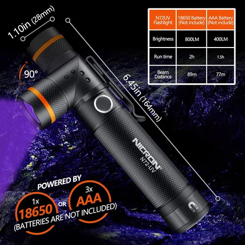 Vista 2 de NICRON linterna UV, N72-UV 800LM luz blanca, cambia libremente entre luz blanca y luz UV, detector para orina de perro, manchas húmedas, chinches