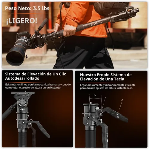 Vista 2 de COMAN Monopie de fibra de carbono con elevación con un clic, monopie de cámara de 69 pulgadas con pies, trípode de viaje ligero con placa