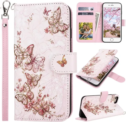 Vista 12 de ULAK Funda tipo cartera para iPhone SE (2022)/SE (2020)/8/7, tarjetero con Brillo