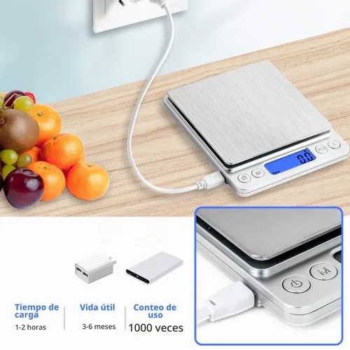 Vista 2 de Báscula de alimentos, báscula de cocina recargable con bandejas de 105.82 oz/0.00 oz, mini báscula con función de tara, báscula digital de gramos