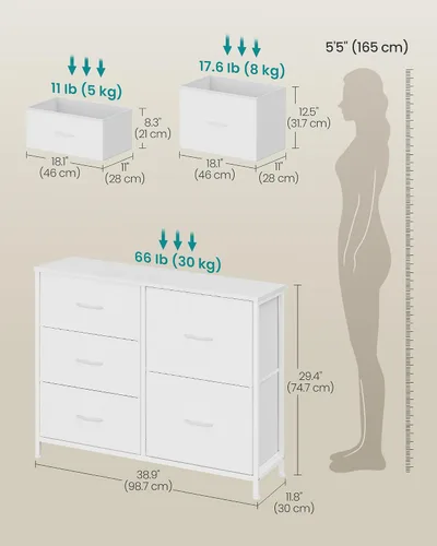 Vista 3 de SONGMICS Cómoda para dormitorio, cómoda ancha para armario con 5 cajones de Blanco nube