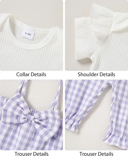 Vista 4 de SOLOYEE Baby Girl Clothes Girls Outfit Short Sleeve Top+Suspender Pants+Bow Headband Baby Girl Clothing