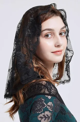 Vista 5 de Velo de Mantilla de encaje floral para la misa latina de la iglesia, Talla libre