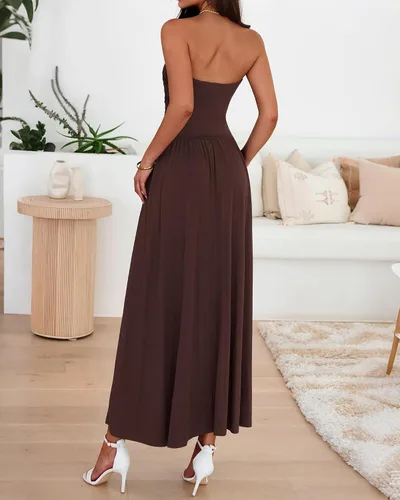 Vista 3 de BTFBM Vestidos largos de verano para mujer, vestido sin tirantes Marrón