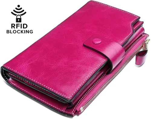 Vista 2 de YALUXE Cartera de piel auténtica para mujer, con bloqueo RFID, tarjetero múltiple con bolsillo para teléfono celular