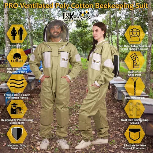 Vista 2 de Traje de apicultura de polialgodón ultra ventilado para hombres y mujeres con guantes y dos velos de apicultura, traje de apicultura profesional
