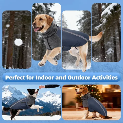 Vista 7 de SlowTon - Abrigo de invierno para perro, cálida chaqueta para perritos para exteriores con forro polar y bufanda de cuello de tortuga, chaleco