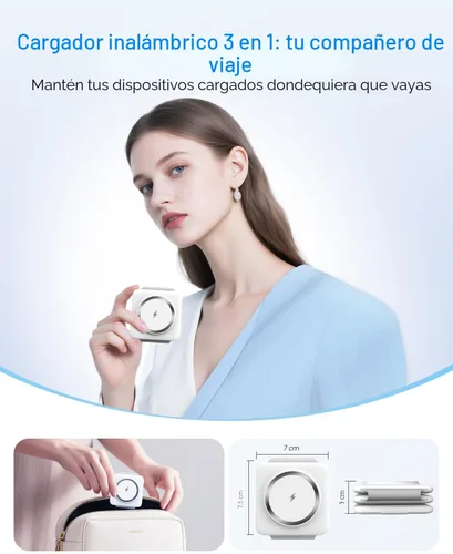 Vista 2 de Estación de carga para múltiples dispositivos Apple – Base de carga inalámbrica magnética plegable 3 en 1 – Almohadilla de carga de viaje para Blanco