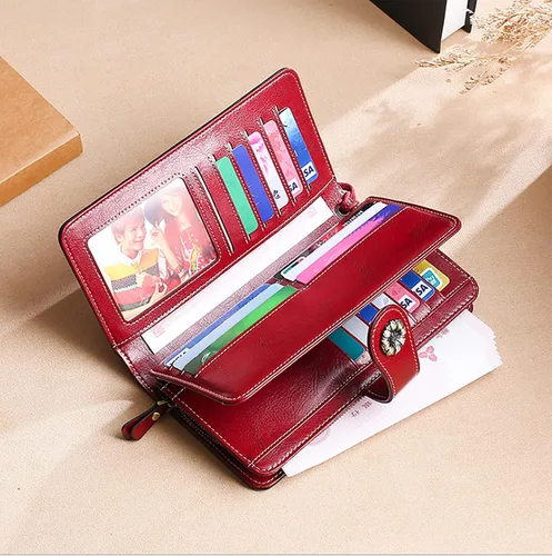 Vista 6 de Cartera de cuero para mujer, cartera de embrague multifunción larga retro de cuero de cera para mujer, Color rojo, Retro