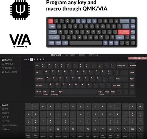 Vista 2 de Keychron Teclado mecánico inalámbrico K6 Pro QMKVIA, macro programable personalizado, interruptor azul Keychron K Pro intercambiable en caliente