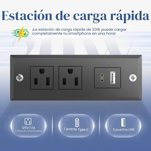 Vista 3 de Base de cama matrimonial con estación de carga, luces LED, 2 cajones Marrón rústico