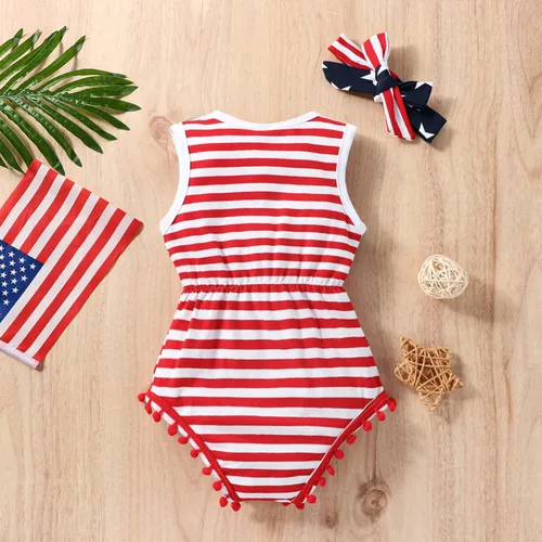 Vista 3 de LUZOZEZO Mameluco de borla con bandera americana para bebé niña pequeña con diadema