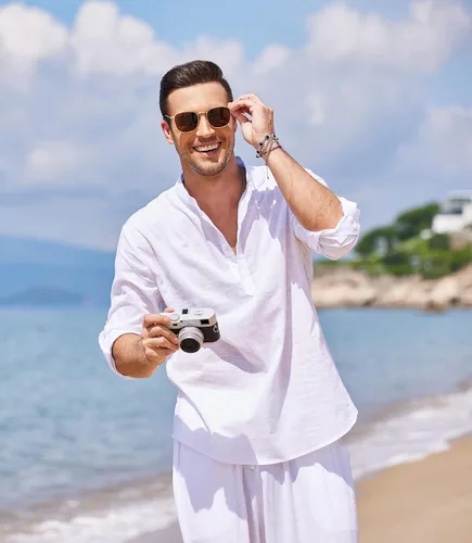 Vista 4 de COOFANDY - Camisa de lino y algodón con cuello Henley, de manga larga, estilo hippie, informal, camisetas de playa
