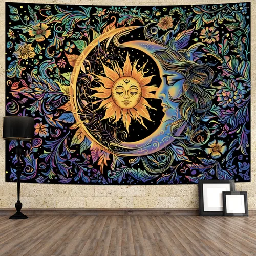 Vista 4 de Tapiz de sol y luna, psicodélico, místico, floral, hippie, bohemio, flores, tapices de pared, tapices estéticos vintage para colgar en la pared