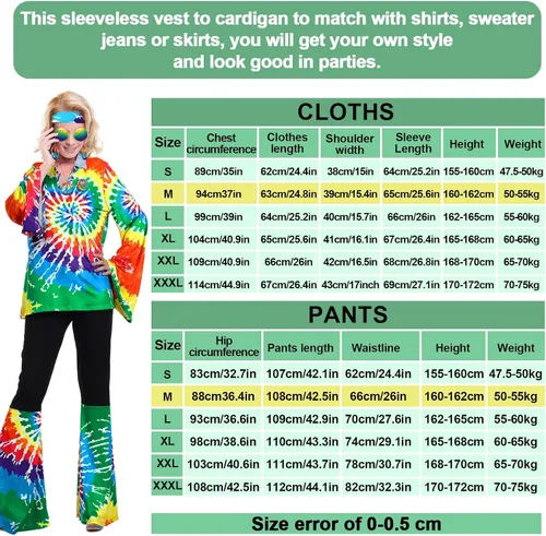 Vista 3 de Jiuguva Conjunto de 17 piezas de disfraz hippie de los años 60 y 70 para mujer, vestido de discoteca, pantalones bohemios, acampanados, camisa