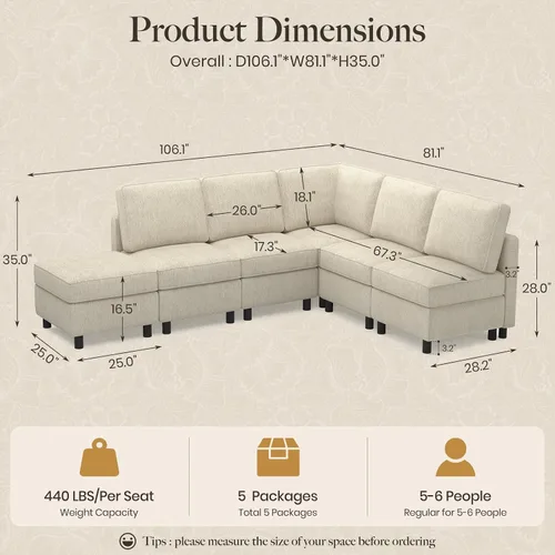 Vista 2 de Belffin - Sofá modular en forma de L de 107.1 pulgadas, 6 asientos Beige