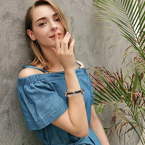Vista 2 de YuziJewy 2 pulseras de cuentas de corona para hombres y mujeres, pulseras de cuentas de ágata negra de 0.315in, pulsera de piedra de ágata negra