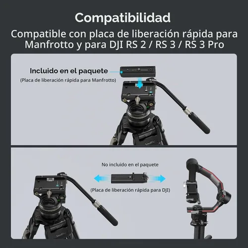 Vista 6 de SmallRig DH10 - Cabezal de video fluido para trípode de servicio pesado con base plana y mango ajustable, placa de liberación rápida para placa