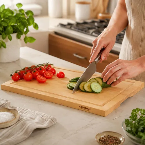 Vista 4 de CONSDAN Tabla de cortar de madera para cocina, 16 x 12, madera de abedul sólido, grano de borde, tabla de cortar, bloque de carnicero con ranura