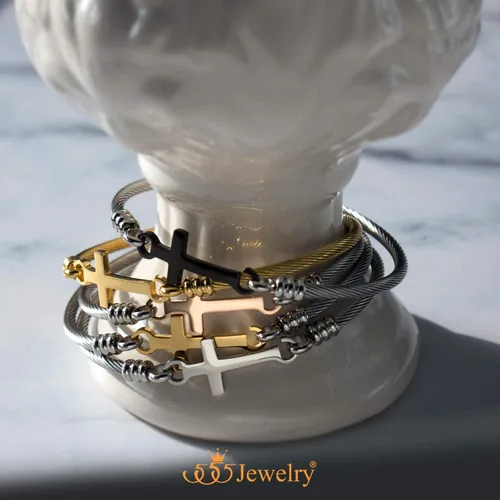 Vista 6 de 555Jewelry Pulsera religiosa de acero inoxidable con cierre de cruz para hombres y mujeres