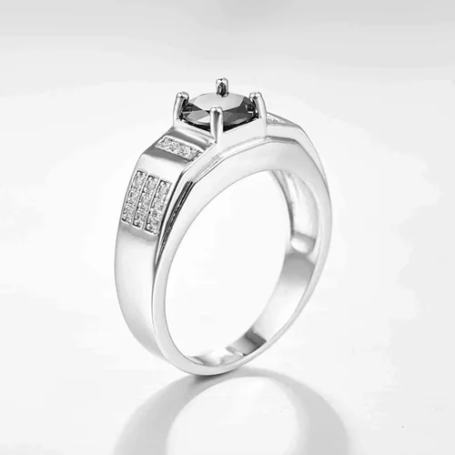 Vista 4 de Anillo de plata de ley 925 con relleno de corte redondo, topacio negro de imitación, anillo de compromiso de boda de alto pulido para mujer