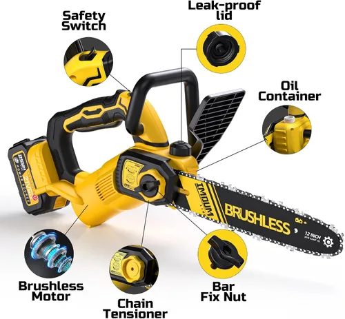Vista 8 de Motosierra sin escobillas de 12 pulgadas, sierra inalámbrica con batería y cargador, 5.9 libras súper ligera y compacta, engrasador automático