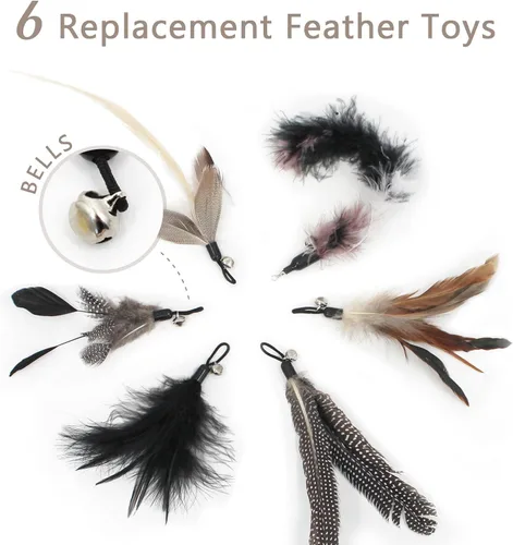 Vista 2 de SONGWAY Juego de juguetes interactivos de plumas para gatos, varita retráctil con 6 recambios de plumas con campana, juguetes de varita para gatos