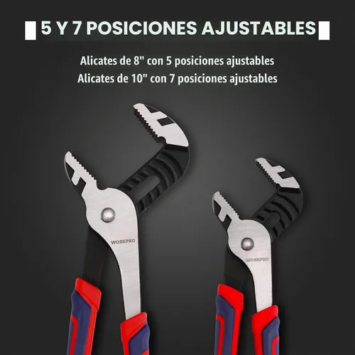Vista 5 de WORKPRO Juego de 2 Alicates de Junta Acanalada, Alicates de Bomba de Agua Ajustables de 10 y 8 Pulgadas, Alicates de Lengüeta y Acanalado