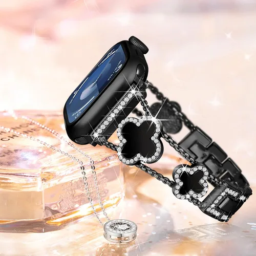 Vista 4 de wipalor Correa de trébol de cuatro hojas para Apple Watch para mujer de 42mm 41mm 40mm 38mm, correas delgadas iWatch para mujer, correas metálicas
